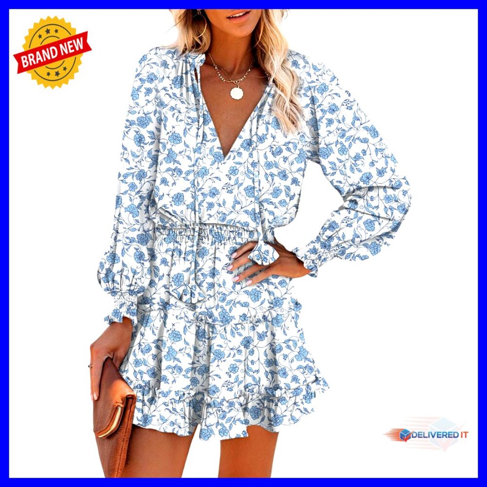 Ruffle Tiered Mini Dress Split V Neck Long Sleeve Boho Casual Elegant